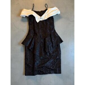 Vtg New Leaf Dress Black Lace White Satin Off The Shoulder Peplum Waist Bow SZ10
